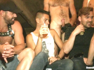 Bound in Public. Cum slut fucked by party goers and tossed in an oil orgy