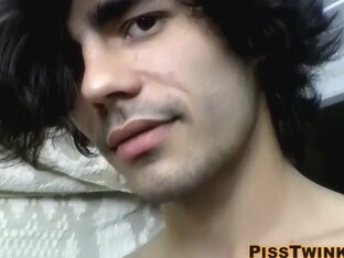 Dashing Young Man Strokes Himself While Peeing On His Body