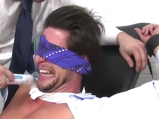 Blindfolded and tied up gentleman gets a feet tickling